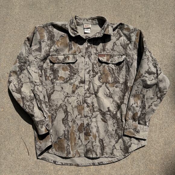 Men's Woolrich Gray Brown Camo Camouflage Flannel Button Up Long Sleeve Shirt XL - Picture 1 of 5